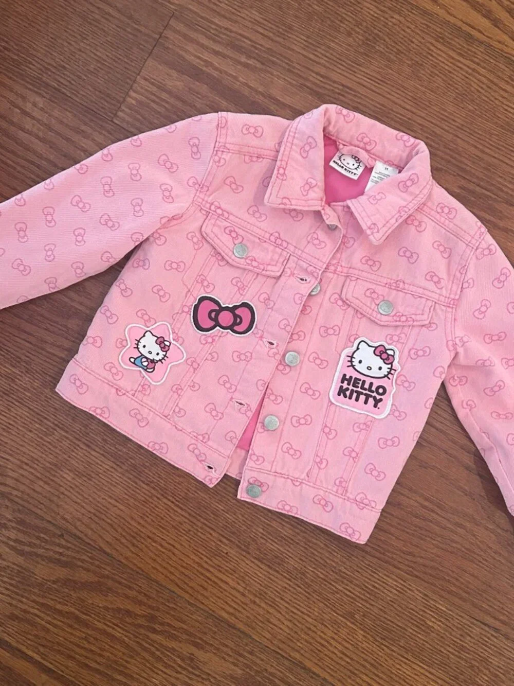 Hello Kitty Little Girls Size 3T Pink Denim Jacket Patches Pink Bows